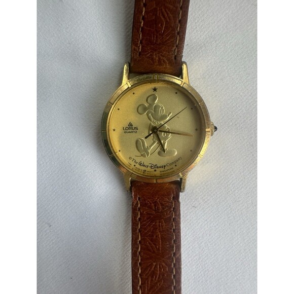 Vintage Lorus Disney Mickey Mouse Watch Gold Dial Brown Leather Quartz Runs main image 4